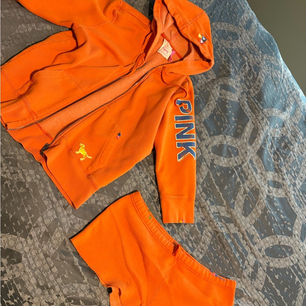 Vintage PINK Victoria's Secret Bright Orange Shorts and Hoodie Set